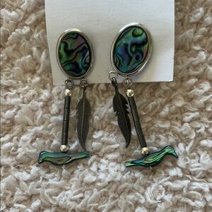 Abalone Dangle Earrings with Feather Design
